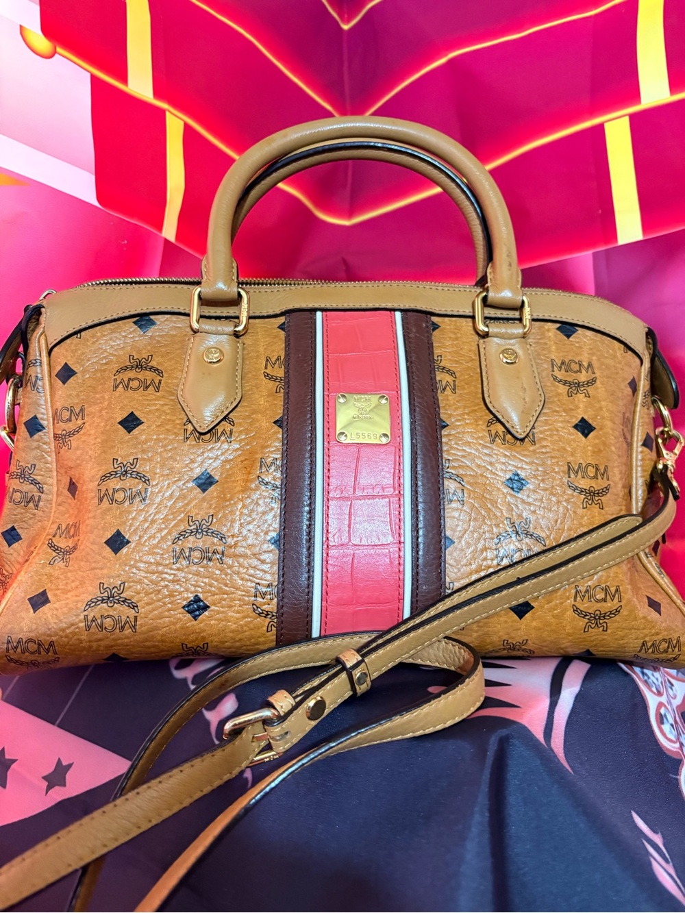 MCM Cognac Monogram Satchel with orange Stripe